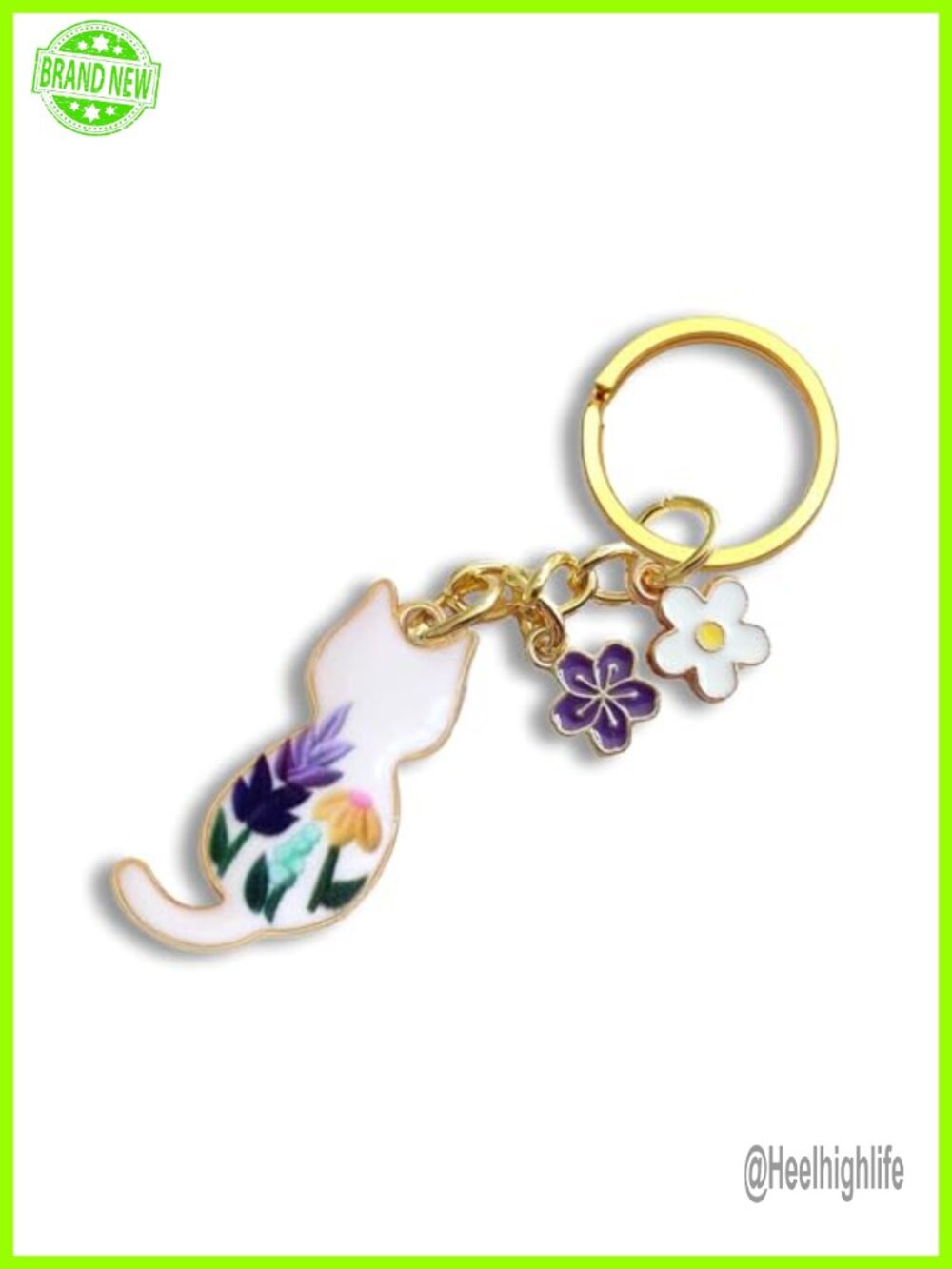 Enamel Cat Keychain Gold Tone Daisy Sakura Charm Bag Keyring